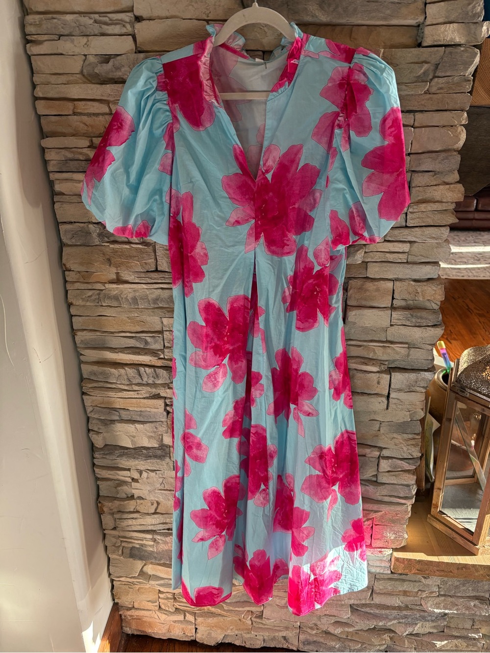 glam Light Blue Midi Dress with Hot Pink Floral Print, S-L, NWT